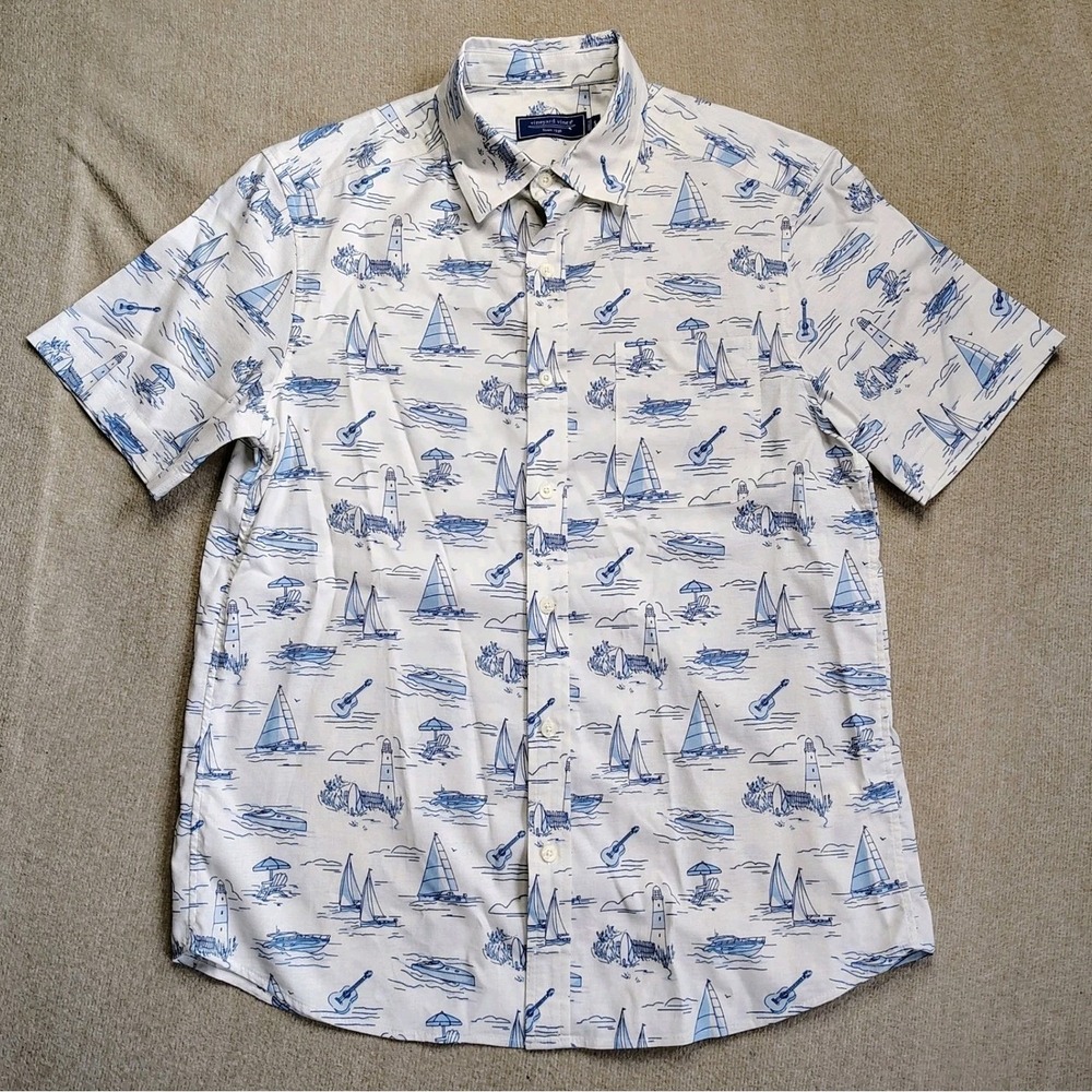 Vineyard Vines Button Up Shirt Mens Small White Nautical Ocean Boats Sailing - Picture 2 of 8
